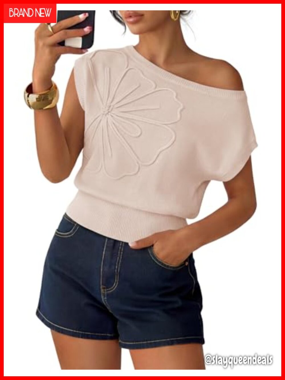 Off Shoulder Floral Knit Sweater Vest with 3D Flower Detail